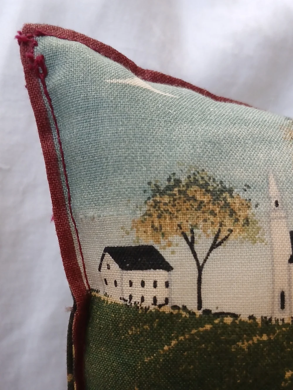 Decorative Small Throw Pillow Folk-Art Rolling Hills Countryside Village